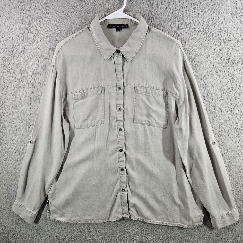 Jane + Delancey Women Large Lyocell Button‎ Down Shirt Roll Tab Slv Olive Green